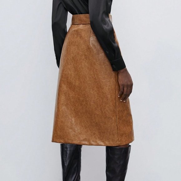 Brown Preppy Womens Split Hem Belted PU Leather Skirt - Picture 2 of 5
